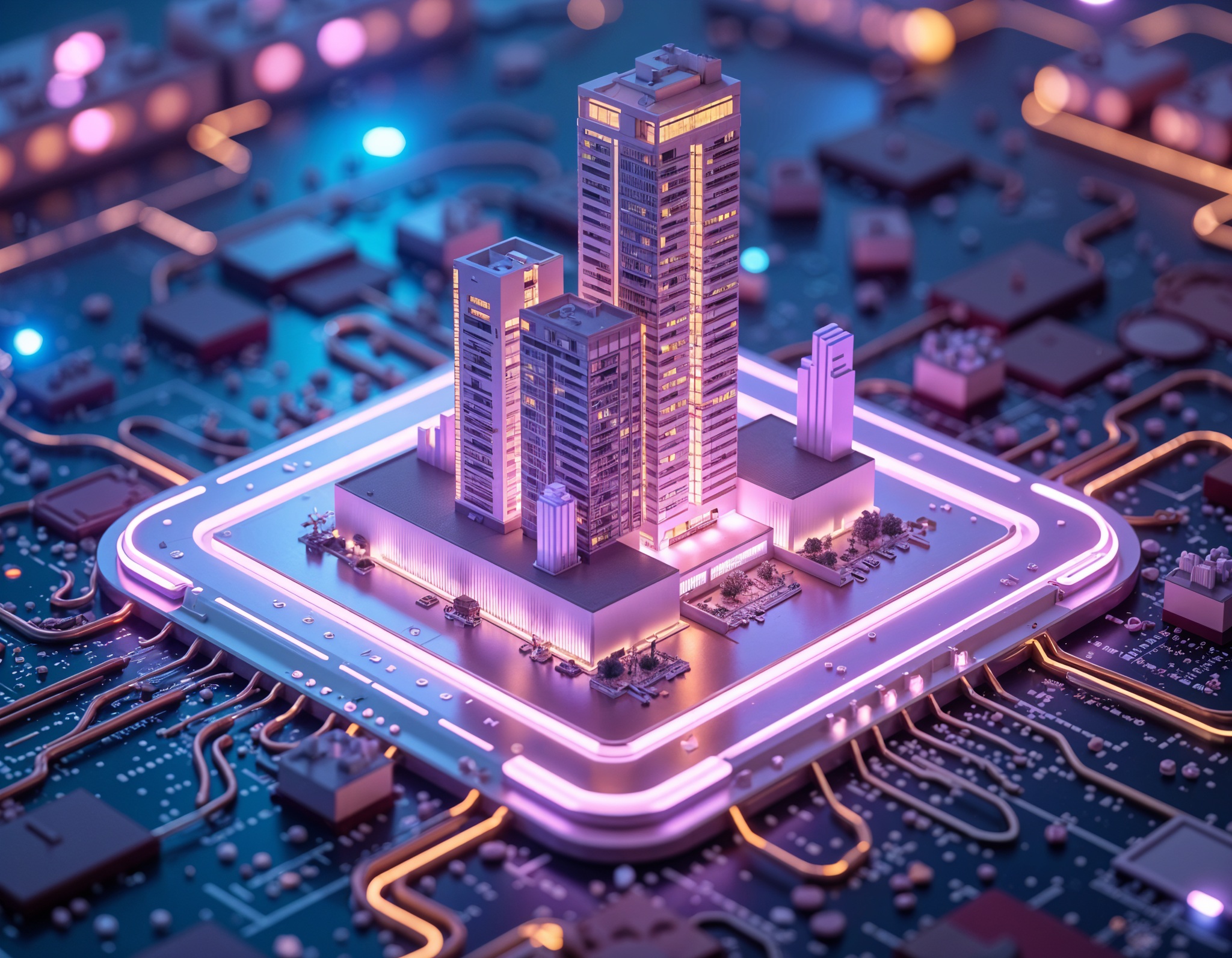 Futuristic digital city on a circuit board